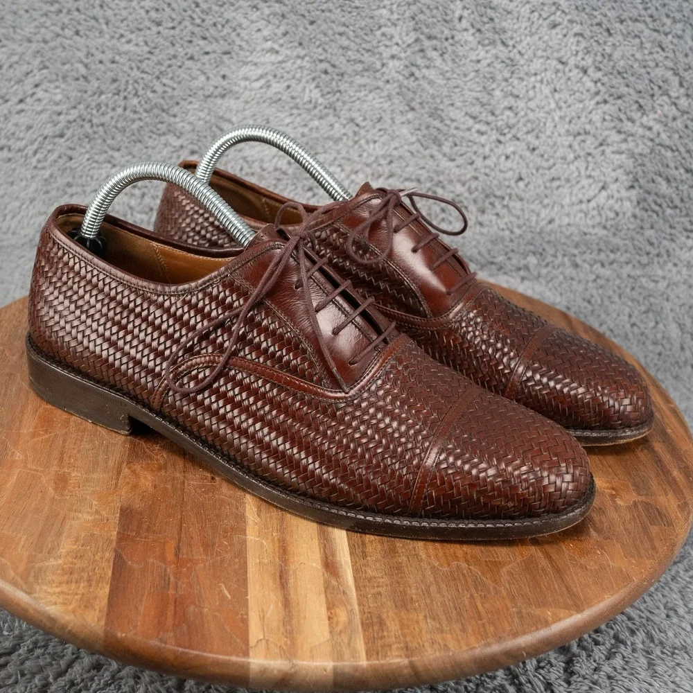 Salvatore Ferragamo Woven Leather Oxford Men's 9 D Brown Cap Toe Basket Weave